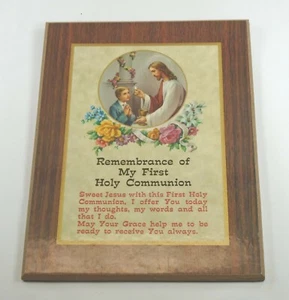 Vintage wooden FIRST HOLY COMMUNION WALL PLAQUE wood 7x9 boy religious gift 1980 - Picture 1 of 3