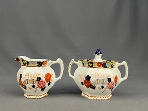 Wood & Sons Woods Ware WINCANTON Blue & Rust Creamer & Lidded Sugar Bowl; 1920s - Picture 1 of 14