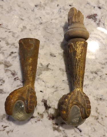 Set Of 2 Antique Eagle Claw Glass Ball Piano Stool Feet 3.5 Inches Cover