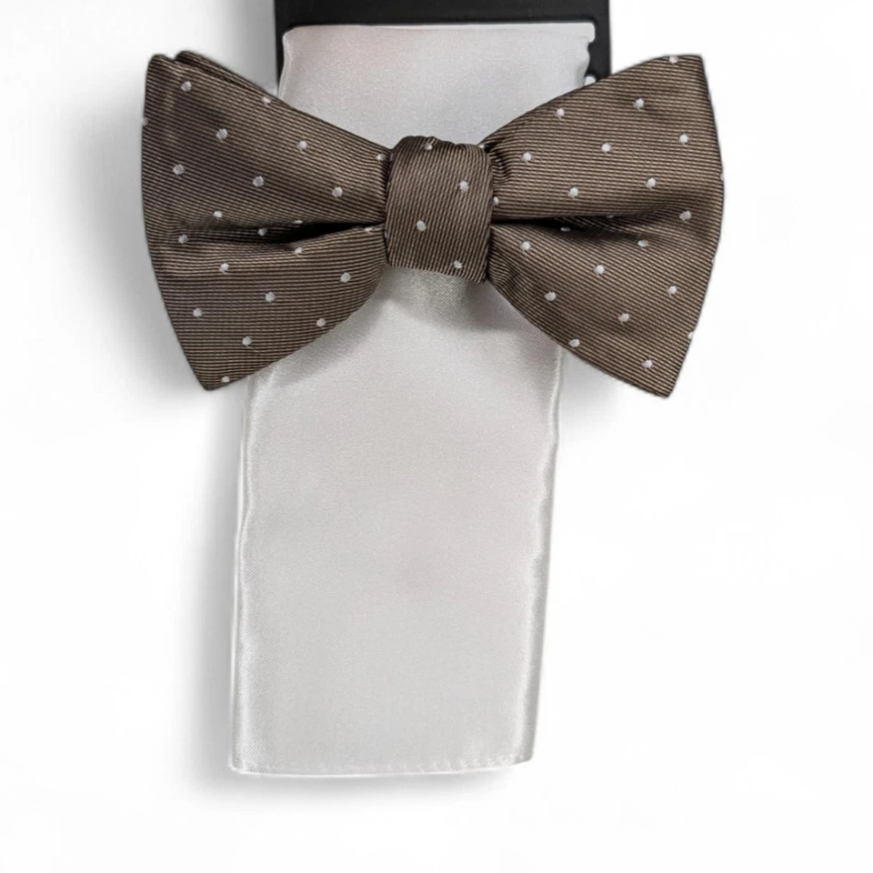 Alfani Men’s Utopia Taupe Dot Print Pre-Tied Bow Tie & White Pocket Square Set - Image 1 of 1