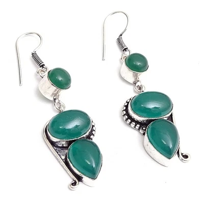 Green Onyx Healing Gemstone New Gift Silver Plated Earring Jewelry 1.5 T790 - Image 1 of 4
