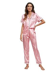 Damen 2 Teiler Nachtwäsche Gestreift Satin Kurzarm Shirt und Hose Pyjama S - Bild 1 von 6