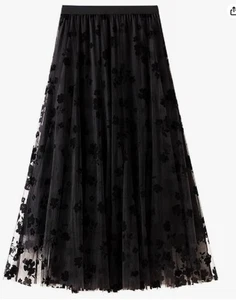 Mujer Negro Floral Tul Midi Falda Talla Única - Imagen 1 de 7