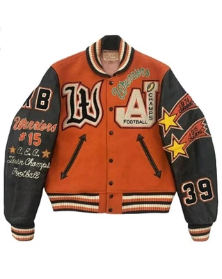 Men’s Varsity Chenille Embroidery Patches Wool+Leather Sleeves Bomber Jacket - Image 1 of 4