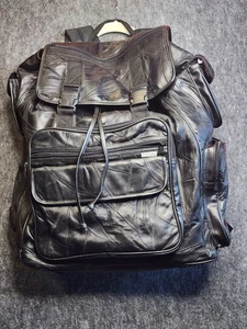Vintage Black Genuine Leather Backpack Bag Pockets Rucksack Biker Patchwork Soft - Picture 1 of 14