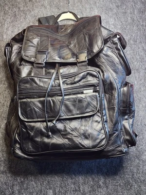 Vintage Black Genuine Leather Backpack Bag Pockets Rucksack Biker Patchwork Soft - Image 1 of 4