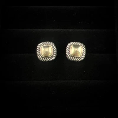 David Yurman Earrings 14K Gold Sterling Silver Albion Square Stud Domed Cable - Image 1 of 4
