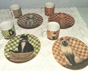 Sakura Country Kitties Collection By David Carter Brown - 4 Salad plates 4 Mugs - Picture 1 of 9