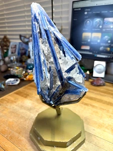 Kyanite Blue Crystal Gemstone Sculpted Natural Geodes On Custom Metal Stands 001 - Picture 1 of 13