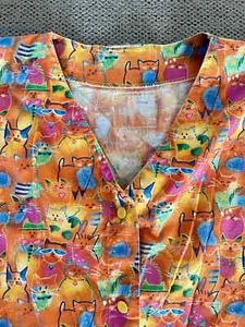 Cottonality Womens Orange Kitten Pattern Scrub Jacket Front Pockets Small - Picture 1 of 9