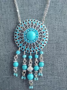 Nina Ricci Avon Necklace Turquoise Dreamcatcher Double Strand Silver Tone Chain - Picture 1 of 5
