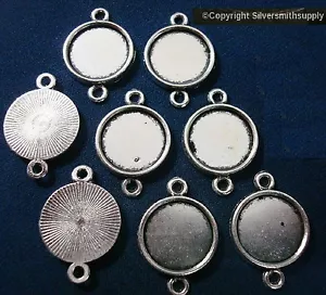 8 Plain Bezel cups tray Silver pl 14mm cabochon pendant setting 2 loops FPE174 - Picture 1 of 4