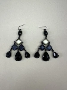 Liz Chaiborne LC chandelier Dangle Earrings black onyx gold silver color faceted - Picture 1 of 9