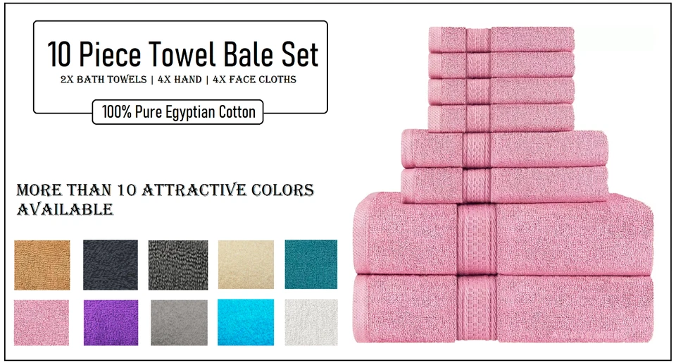 Luxury 10 Piece Towel Bale Set 100% Pure Egyptian Cotton Face Hand Bath Towels - Image 1 of 1