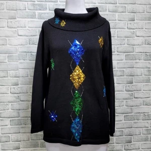 Vintage Victoria Jones Damen XL schwarz Pailletten Oversize Rollkragen Tunika Pullover - Bild 1 von 7