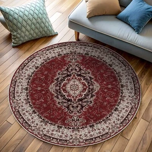 Round Victorian Rug, Burgundy Cream, Medallion Antique, Classic Oriental, Boho - Picture 1 of 4