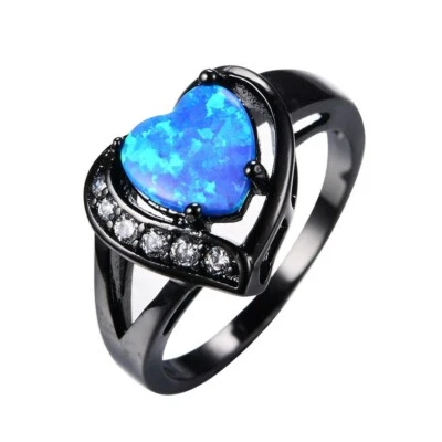 White Blue Lab Opal Heart Crystal Black Gold Ring US Sizes 5 - 11 Free Gift Box - Image 1 of 4