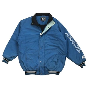 VINTAGE STARTER PUFFER JACKET MEDIUM M MENS BLUE SPELLOUT WINDBREAKER SWEATSHIRT - Picture 1 of 5