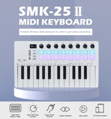 M-VAVE 25-Key MIDI Keyboard SMK-25 Ⅱ Black White Mini Portable DJ Controller Pad - Image 1 of 4
