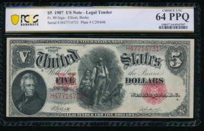 AC Fr 89 1907 $5 Legal Tender PCGS 64 PPQ woodchopper registry top pop 1/0 - Image 1 of 2