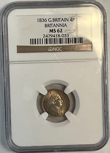 1836 Great Britain 4 Pence Coin NGC MS62 - Groat, William IV, Sterling Silver - Picture 1 of 12