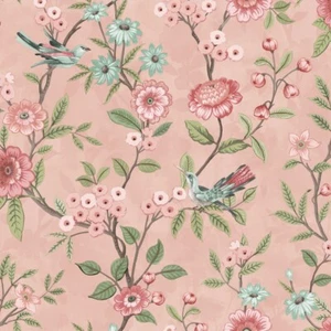 Fine Decor Eleanor Pink Wallpaper FD43445 - Cottage Floral Leaf Trail Birds - Picture 1 of 7