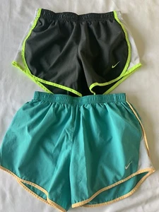 Nike Dri Fit (2) Girls Youth Med Charcoal Green Large Teal Lined Running Shorts - Picture 1 of 9
