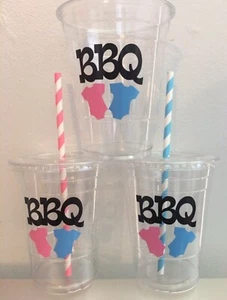 Baby BBQ Gender Reveal PARTY CUPS Set/12 With Lids Straws Barbecue - Picture 1 of 1