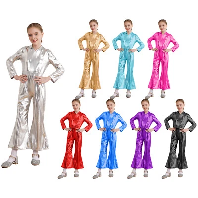 Kids Girls Boys Leotard Disco Costume Unisex Jumpsuit Metallic Unitard Dance - Image 1 of 3