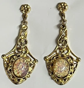 Vtg Pink Foil Glass Faux Opal Purple Cabochon Gold Tone Dangle Filagree Earrings - Picture 1 of 5