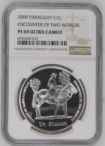 2000 PARAGUAY SILVER 1 GUARANI MAN AND HIS HORSE NGC PF 69 ULTRA CAMEO  - Picture 1 of 2