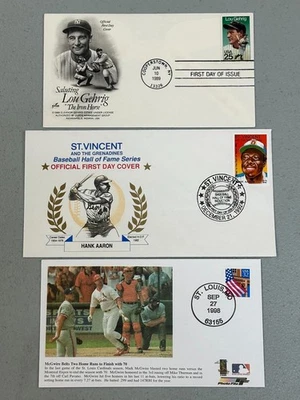 3 Baseball Legends Stamp Cachets - Gehrig, Aaron, McGwire - Image 1 of 4