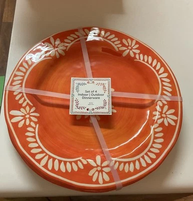 4 Orange Mexican Talavera Style Melamine Dinner Plates 11" Viral White Trim New - Image 1 of 3
