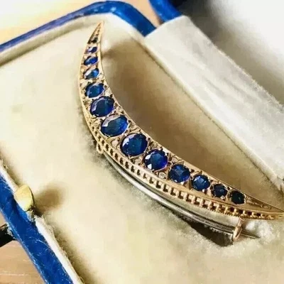 14K Yellow Gold Finish 3 Ct Round Cut Simulated Sapphire Women Prong Brooch Pin - Image 1 of 4