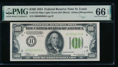 AC 1934 $100 Saint Louis FRN PMG 66 EPQ Light Green Seal LGS Fr 2152-H top pop - Image 1 of 2