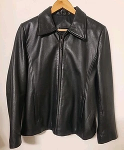 Women's Black Leather Jacket Size Large Full Zip Pockets Biker Metal Rock - Picture 1 of 12