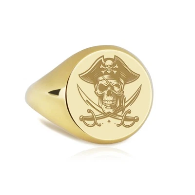 Anillo Pirata Oro 14K, Sello Jolly Roger, Dije Calavera y Huesos, Dije Tricornio Foto 1 de 4