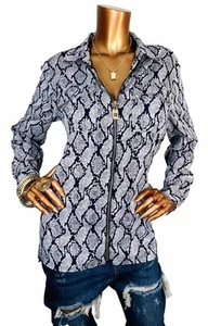Michael Kors L Top Navy White MK Logo Full Zip Up Blouse Long Slvs Animal Print - Picture 1 of 11