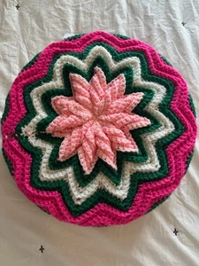 Vtg 70s Crochet Round Throw Pillow Flower Handmade 15" Boho Retro Chevron - Picture 1 of 3
