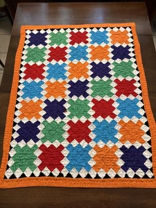 VTG Handmade Quilt ALBUM Cutter Patchwork Hand Pieced Bright 34" x 42" Lap - Picture 1 of 15