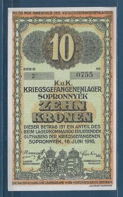 奥地利 匈牙利 帝国 第一次世界大战战俘营 Sopronnyek 10 克罗宁,1916 年,未流通  — 第 1/2 张图片