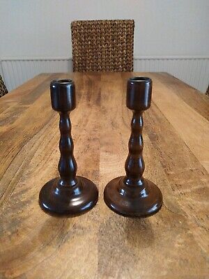 Pair Of Vintage Polished Wooden Candlestick Holders Brass Inserts • 14.99£