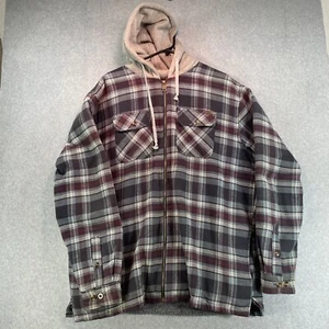 Stanley Flannel Jacket Mens XXL Gray Black White Sherpa Plaid Hooded Shacket Zip - Picture 1 of 12