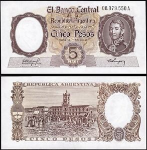 Argentina 5 Pesos 1960 1962, AU / UNC, P-275a, Prefix A, Sign  Fabregas & Ocampo
