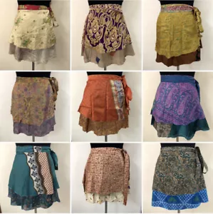 Art Silk Wrap Skirt Upcycled Beach Wear Short Sarong Wraparound Dress Bohemian - Picture 1 of 13