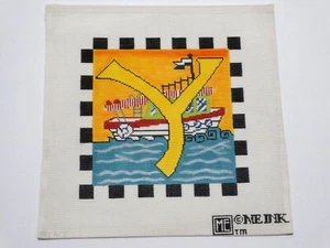 Hand-Painted Needlepoint Canvas featuring a letter Y superimposed on a steamboat - Picture 1 of 1