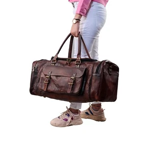 Handmade Vintage Genuine Leather Duffle Travel Luggage Weekend Overnight Bag 24" - Picture 1 of 14