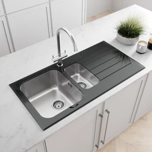 Sinkoro Kitchen Sink 1.5 Bowl RH Drainer Black Glass Stainless Steel Inset Waste - Picture 1 of 11