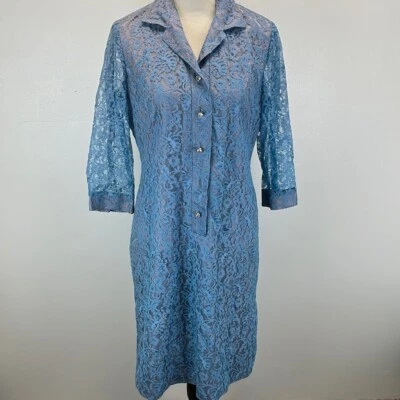 Vestido vintage Maureen Frocks azul forrado de seda renda linha A tamanho 6/8 botões de cristal - Imagem 1 de 4