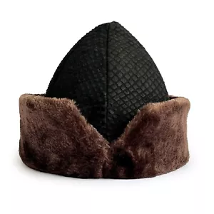 Traditional Ertugrul Gazi Börk Hat Nubuck Leather Black Patterned With Brown Fur - Picture 1 of 8